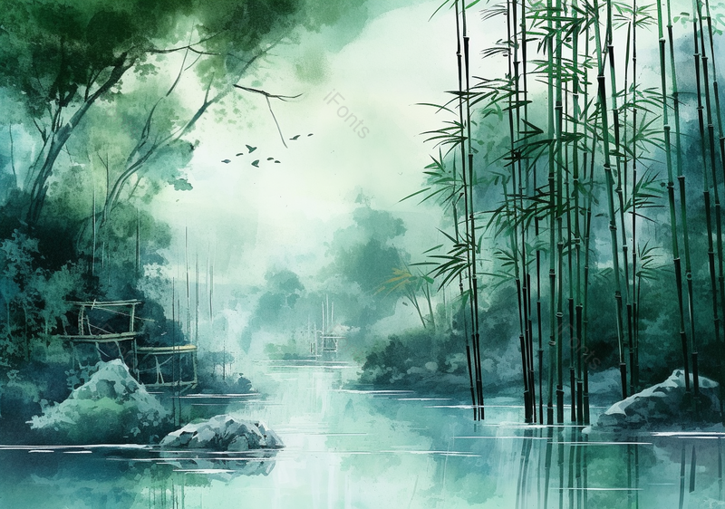 手绘国风意境水中的竹子竹林山水风景文艺插画,插画/手绘图,插画/手绘图库,插画/手绘图下载,插画/手绘
